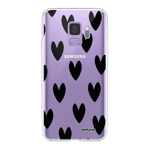 Coque Samsung Galaxy S9 360 Intégrale Transparente Coeurs Noirs Tendance Evetane.