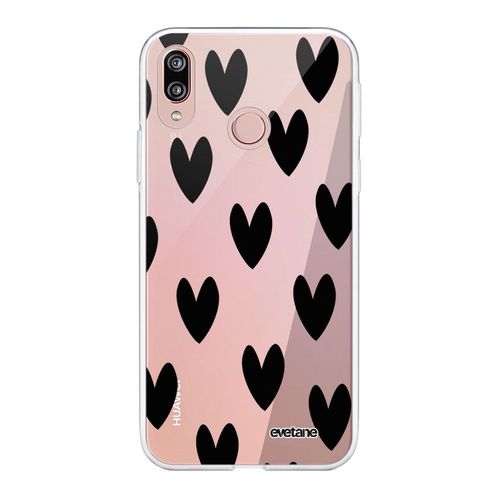 Coque Huawei P20 Lite Silicone Transparente Coeurs Noirs Ultra Resistant Protection Housse Motif Ecriture Tendance Evetane