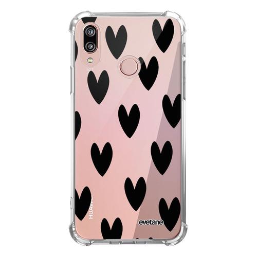 Coque Huawei P20 Lite Anti-Choc Souple Angles Renforcés Transparente Coeurs Noirs Evetane.