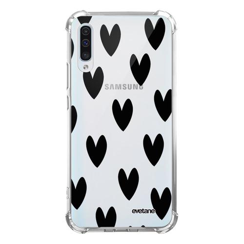 Coque Samsung Galaxy A50 Anti-Choc Souple Angles Renforcés Transparente Coeurs Noirs Evetane.