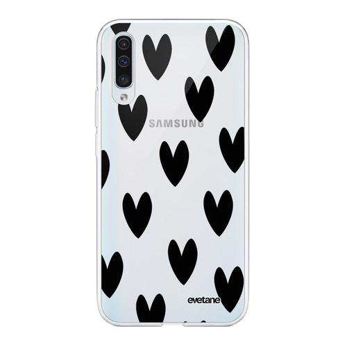 Coque Samsung Galaxy A50 360 Intégrale Transparente Coeurs Noirs Tendance Evetane.