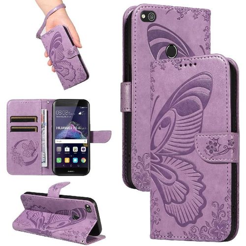 Flip Étui Pour Honor 8 Lite Cuir De Haute Qualité Avec Fente Pour Carte De Crédit Sangle De Main Détachable Papillon En Relief - Violet