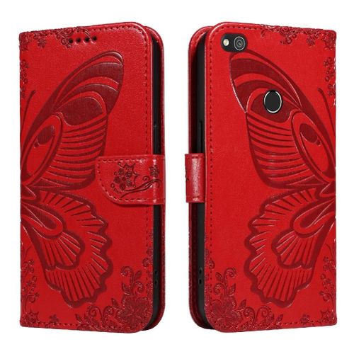 Flip Étui Pour Honor 8 Lite Cuir De Haute Qualité Avec Fente Pour Carte De Crédit Sangle De Main Détachable Papillon En Relief - Rouge