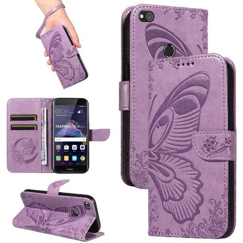 Flip Étui Pour Huawei P8 Lite Avec Fente Pour Carte De Crédit Papillon En Relief Cuir De Haute Qualité Sangle De Main Détachable - Violet