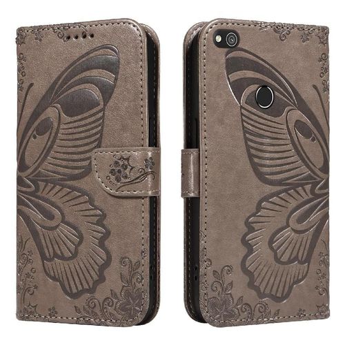 Flip Étui Pour Honor 8 Lite Cuir De Haute Qualité Avec Fente Pour Carte De Crédit Sangle De Main Détachable Papillon En Relief - Gris