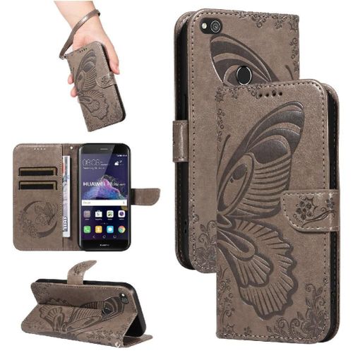 Flip Étui Pour Huawei P8 Lite Avec Fente Pour Carte De Crédit Papillon En Relief Cuir De Haute Qualité Sangle De Main Détachable - Gris