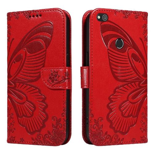 Flip Étui Pour Huawei P8 Lite Avec Fente Pour Carte De Crédit Papillon En Relief Cuir De Haute Qualité Sangle De Main Détachable - Rouge