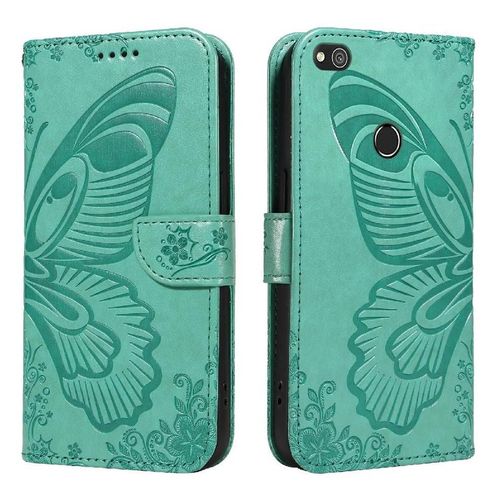 Flip Étui Pour Huawei P8 Lite Avec Fente Pour Carte De Crédit Papillon En Relief Cuir De Haute Qualité Sangle De Main Détachable - Vert