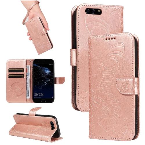 Flip Étui Pour Huawei P10 Cuir De Haute Qualité Avec Fente Pour Carte De Crédit Papillon En Relief Sangle De Main Détachable - Couleur Rose