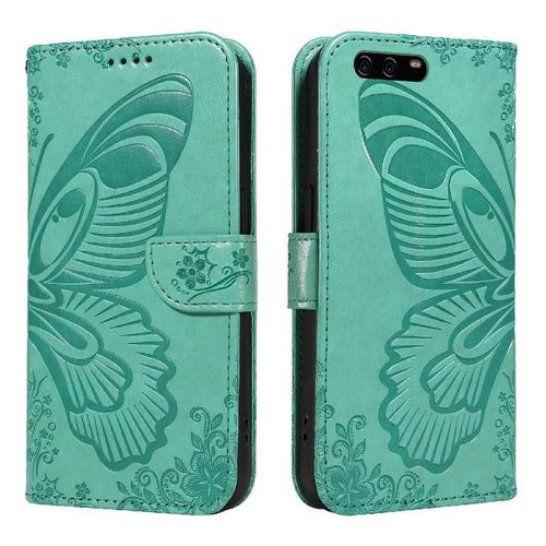 Flip Étui Pour Huawei P10 Cuir De Haute Qualité Avec Fente Pour Carte De Crédit Papillon En Relief Sangle De Main Détachable - Vert