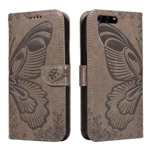 Flip Étui Pour Huawei P10 Cuir De Haute Qualité Avec Fente Pour Carte De Crédit Papillon En Relief Sangle De Main Détachable - Gris