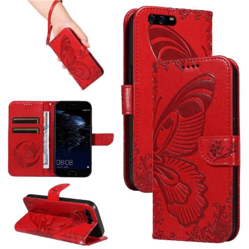 Flip Étui Pour Huawei P10 Cuir De Haute Qualité Avec Fente Pour Carte De Crédit Papillon En Relief Sangle De Main Détachable - Rouge