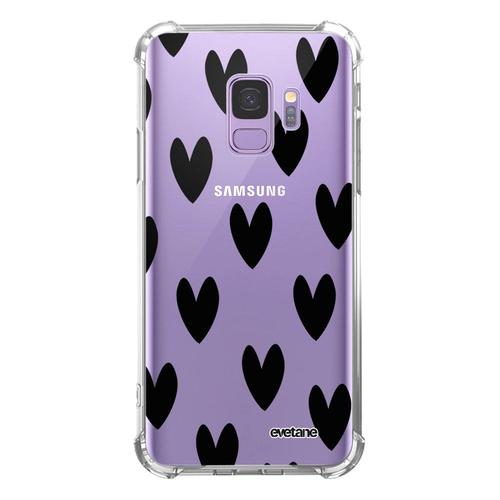 Coque Samsung Galaxy S9 Anti-Choc Souple Angles Renforcés Transparente Coeurs Noirs Evetane.