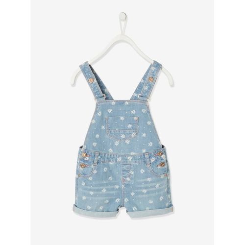 Salopette Courte En Jean Fille - Denim Bleached Fleurs (Vertbaudet)