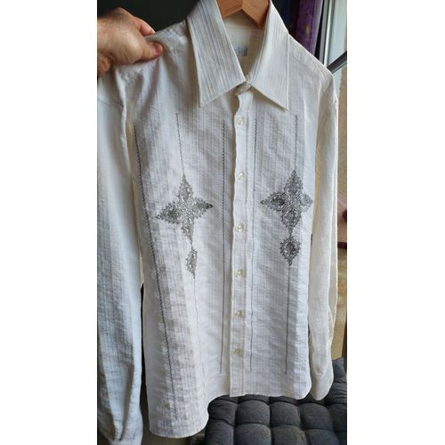 Chemise Blanche À Motifs Originaux Gris - Homme. Taille L. Marque Bc Collection, Achetée Aux Usa. 65 % Coton 35 % Polyester.