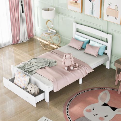 Lit Bois Pin Massif Cadre De Lit Avec Tiroir - 90 X 200 Cm - Blanc