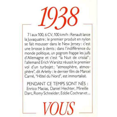 1938   Principaux vnements De L'anne. Carte D'anniversaire