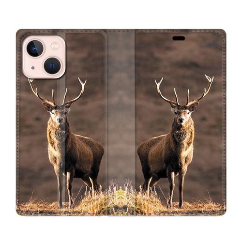 Housse Cuir Portefeuille Pour Iphone 13 Chasse Chevreuil Blanc