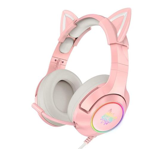 Casque De Jeu Pour Pc/Ps4/Ps5/Xbox One, Avec Oreilles De Chat Rose, Casque Filaire Avec 7.1 Surround Sound, Micro Rétractable