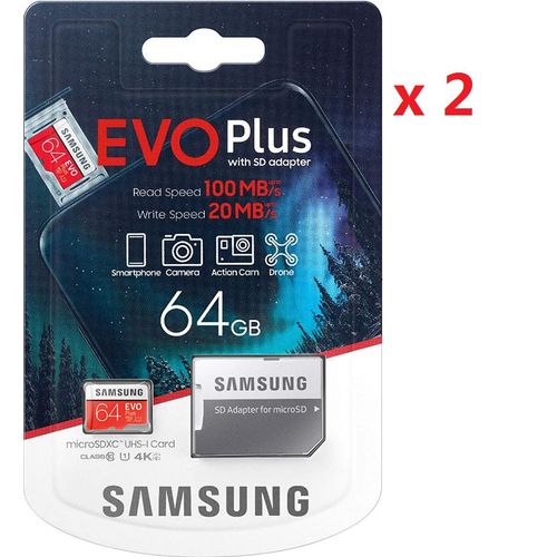 2PCS Carte Mémoire Micro SD SDXC Samsung EVO Plus 64 Go Classe 10 U1 100 Mo/S 4K Ultra HD