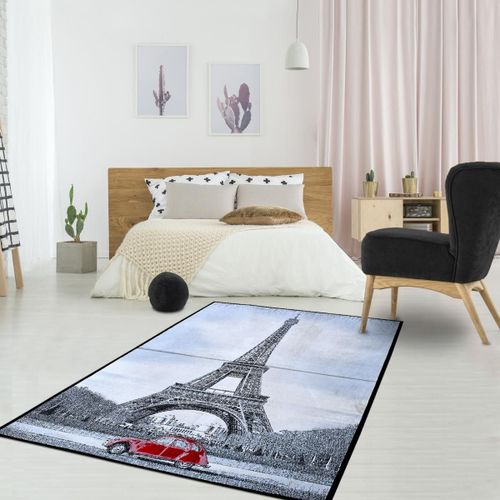 Tapis Chambre 140x200 Tissé Gris Et Rouge Rectangle Motif Fresque Paris