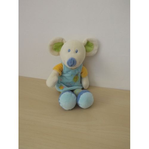 Doudou Souris Blanche Robe Bleu Mots D'enfants