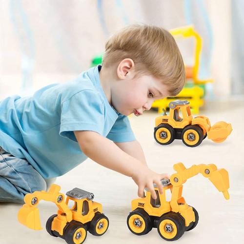 Relaxdays Véhicules de chantiers enfants, tracteurs jouets en jeu de 4,  tourne vis avec 3 embouts, à partir de 3 ans