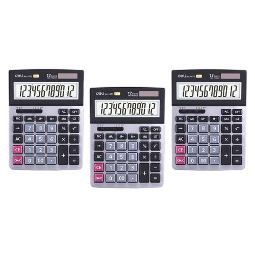 Deli Lot De 3 Calculatrices Bureau Métallique 12 Chiffres Dual Power