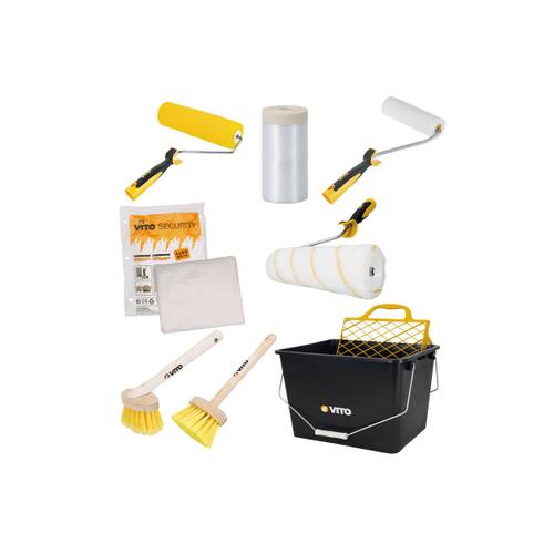 KIT 8 OUTILS Peinture VITO Seau 16L. Film masquage Bâche protection 2 rouleaux Rouleau finition 2 Brosses