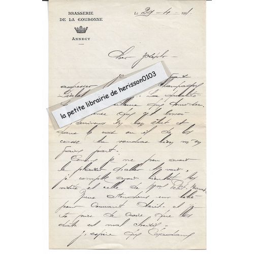 Lettre 1911 Adressée À Joseph Petit-Barat À Grésy Sur Isère (Savoie) Par La Brasserie De La Couronne À Annecy À Propos De Champagne Pierlot