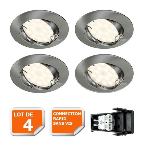 Lot De 4 Spot Led Encastrable Orientable Alu Brosse Avec Ampoule Gu10 230v Eq. 50w, Blanc Chaud