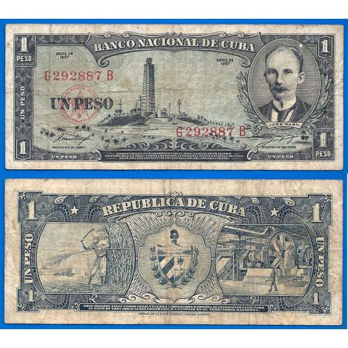 Cuba 1 Peso 1957 Jose Marti Billet Pesos