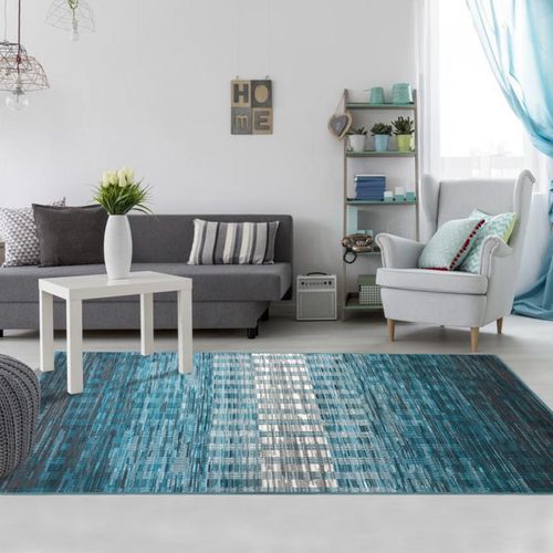 Tapis Chambre 60x110 Tissé Bleu Et Blanc Rectangle Motif Géométrique Lyn1 Geoflou