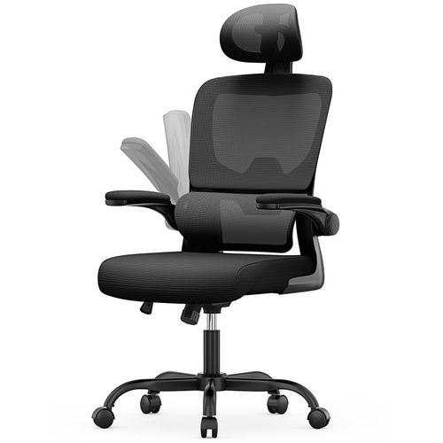 Chaise De Bureau - Bigzzia Ergonomique Siège Noir - Fauteuil Avec Accoudoir Rabattable À 90° - Support Lombaire Adaptatif