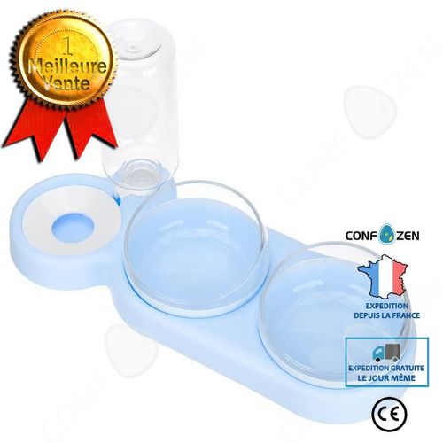 3 En 1 Gamelle Pour Petit Chat Et Chien Distributeur D'eau Gamelle Double 360° Rotation Bleu