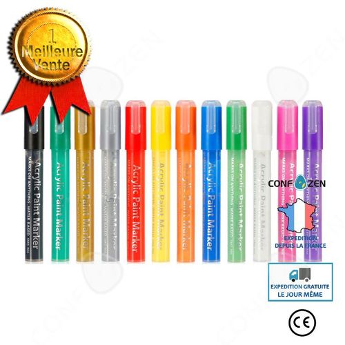 Stylo Couleur 12 Couleurs Marqueur Acrylique À Base D'eau 3-5mm Convient À Toutes Sortes De Surfaces Album Stylo Marqueur Acrylique