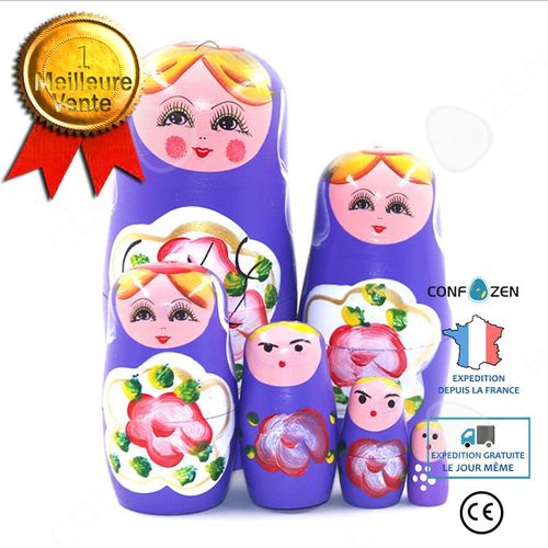 Tempsa 5pcs Poupée Russe Gigogne Fleur Bois Main Babushka Cadeau Noël Violet