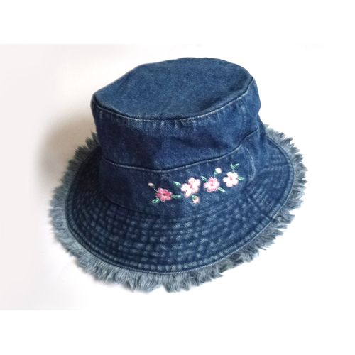 Chapeau Bob Toile Coton Jean's Bleu Fleurs Brodées Et Franges Fille 5 / 6 Ans