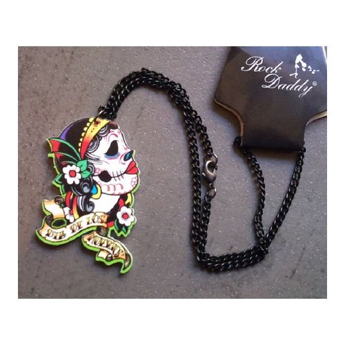 Grand Pendentif Crane Dia De Los Muertos Rock Roll Rockabilly