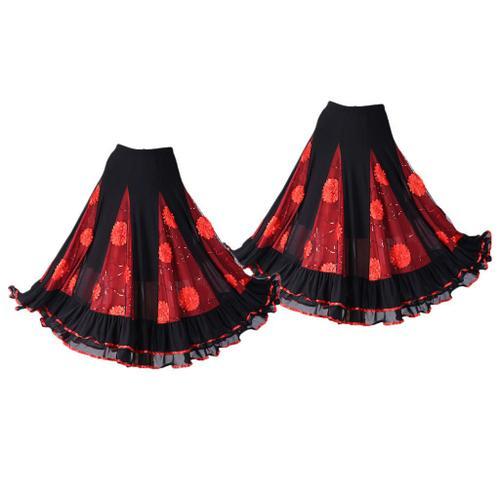 2pcs Jupe De Danse Flamenco À Longue À Paillettes Valse Broderies Florales Swing Plein Cercle Costume De Valse Pour Danse Tango Latin