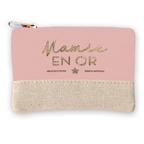 PROMOTION ! Porte-monnaie toile 'Mamie en Or' rose beige - 12x8 cm