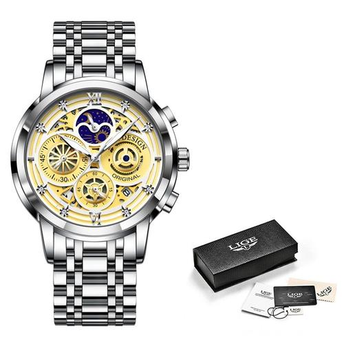 Montre Sport Pour Hommes, Top Montre Luxe, Décontractée, En Acier Inoxydable, Mode, Phase Lune, Horloge Avec Boîte, 2021 Silver Yellow