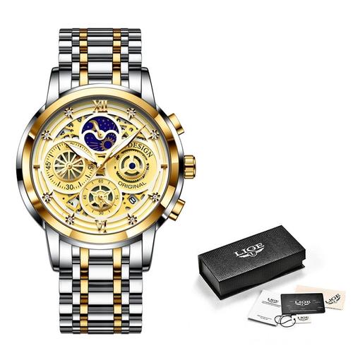 Montre Sport Pour Hommes, Top Montre Luxe, Décontractée, En Acier Inoxydable, Mode, Phase Lune, Horloge Avec Boîte, 2021 Golden Yellow