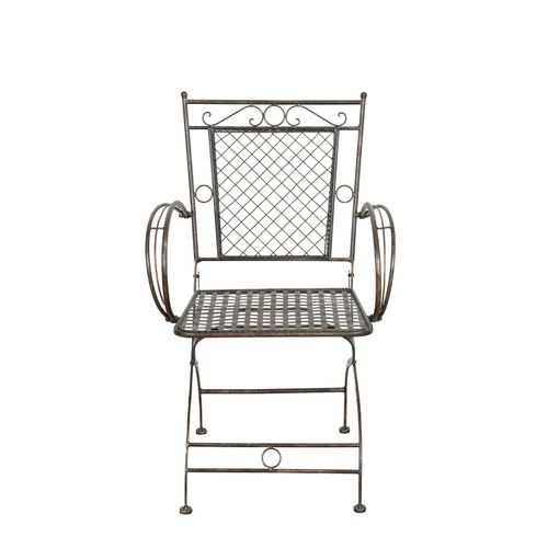 Chaise Ancienne En Fer Forgé Finition Rouille Patinée Avec Accoudoirs L60xpr51xh96 Cm