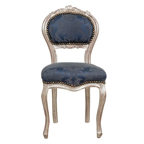 Fauteuil Français De Style Louis Xvi En Hêtre Massif, Finition Argentée Et Bleue