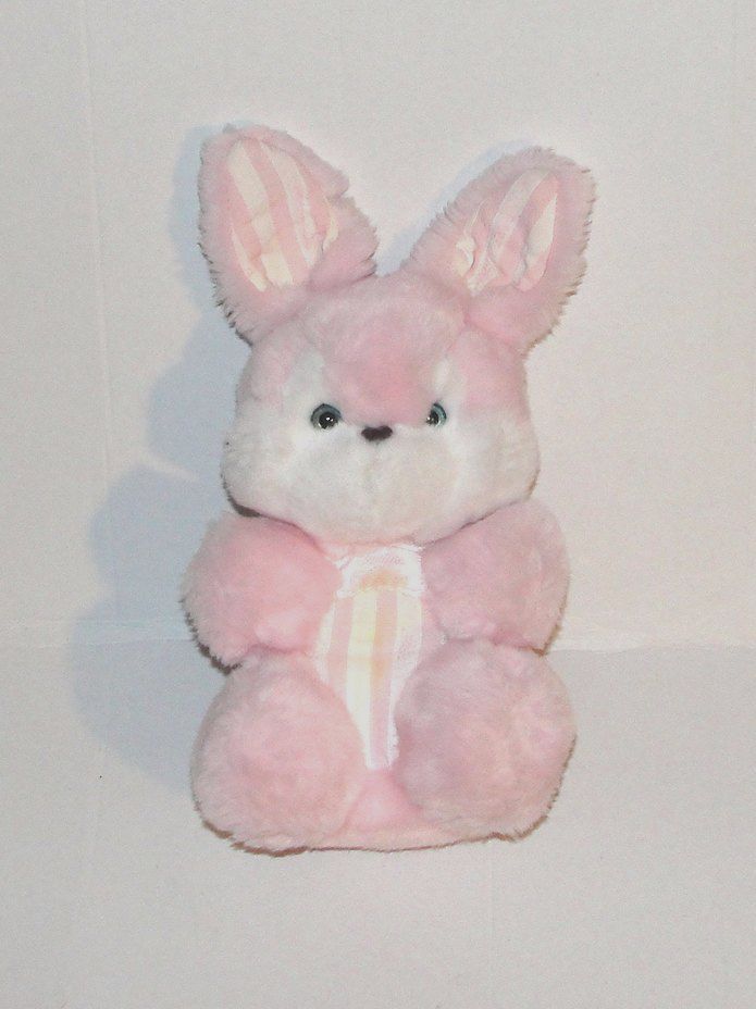 Peluche Lapin Rose Rayé Sur Le Ventre Tartine Et Chocolat - Doudou Lapin Vintage Assis 25 Cm