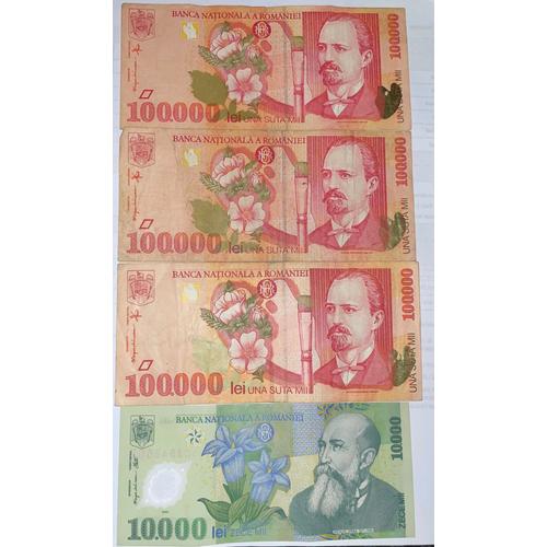 3 Billets 100000 Lei 1998 Et 1 Billet 10000 Lei 2000