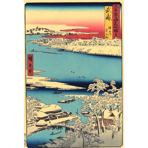 Véritable Estampe Japonaise De Hiroshige "Province De Musashi : Matin Enneigé Sur La Rivière Sumida"
