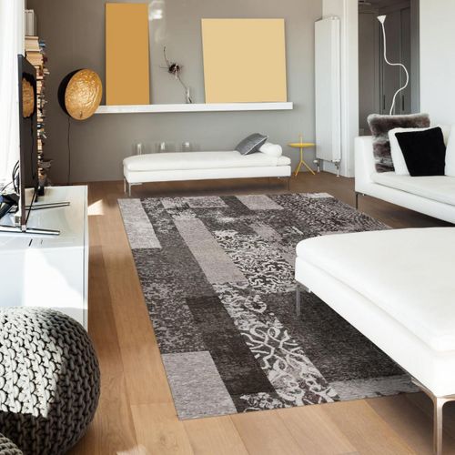 Tapis Chambre 80x150 Tissé En Acrylique Gris Et Beige Motif Rétro-Vintage