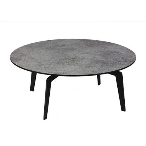 Table Basse Ronde 90 Cm Avec Plateau En Verre Aspect Céramique Grise
